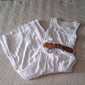 AB Studio White Maxi Dress with Brown Belt